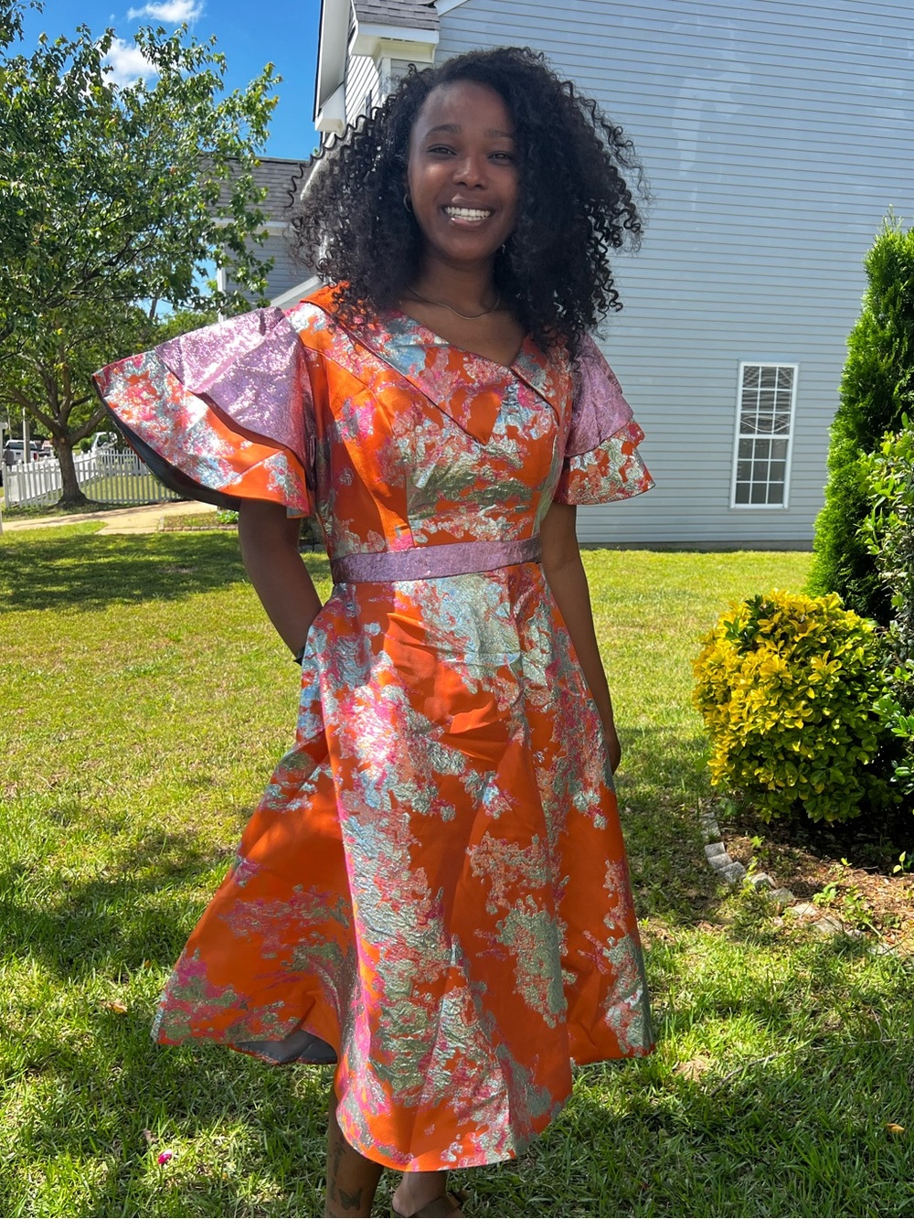Orange and Pink  luxury Damask Brocade Fit and Flare Special Occasions Dress